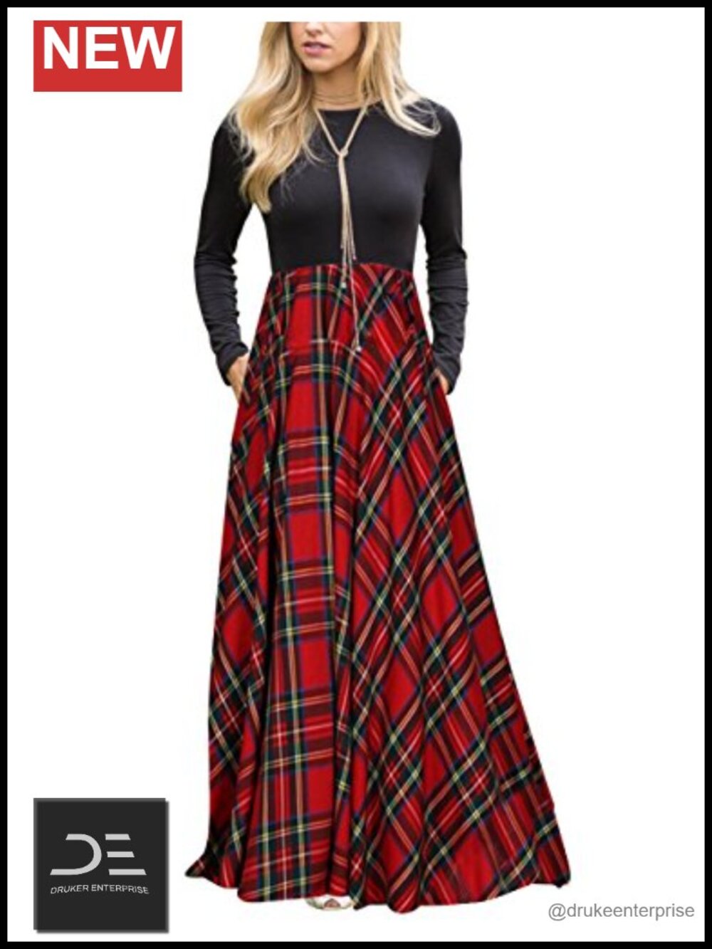 Women's Long Sleeve Plaid Maxi Dress Elastic Waist Empire Pockets Casual
